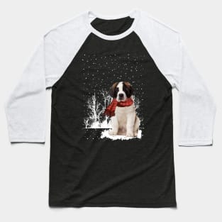 Christmas Saint Bernard With Scarf In Winter Forest Baseball T-Shirt